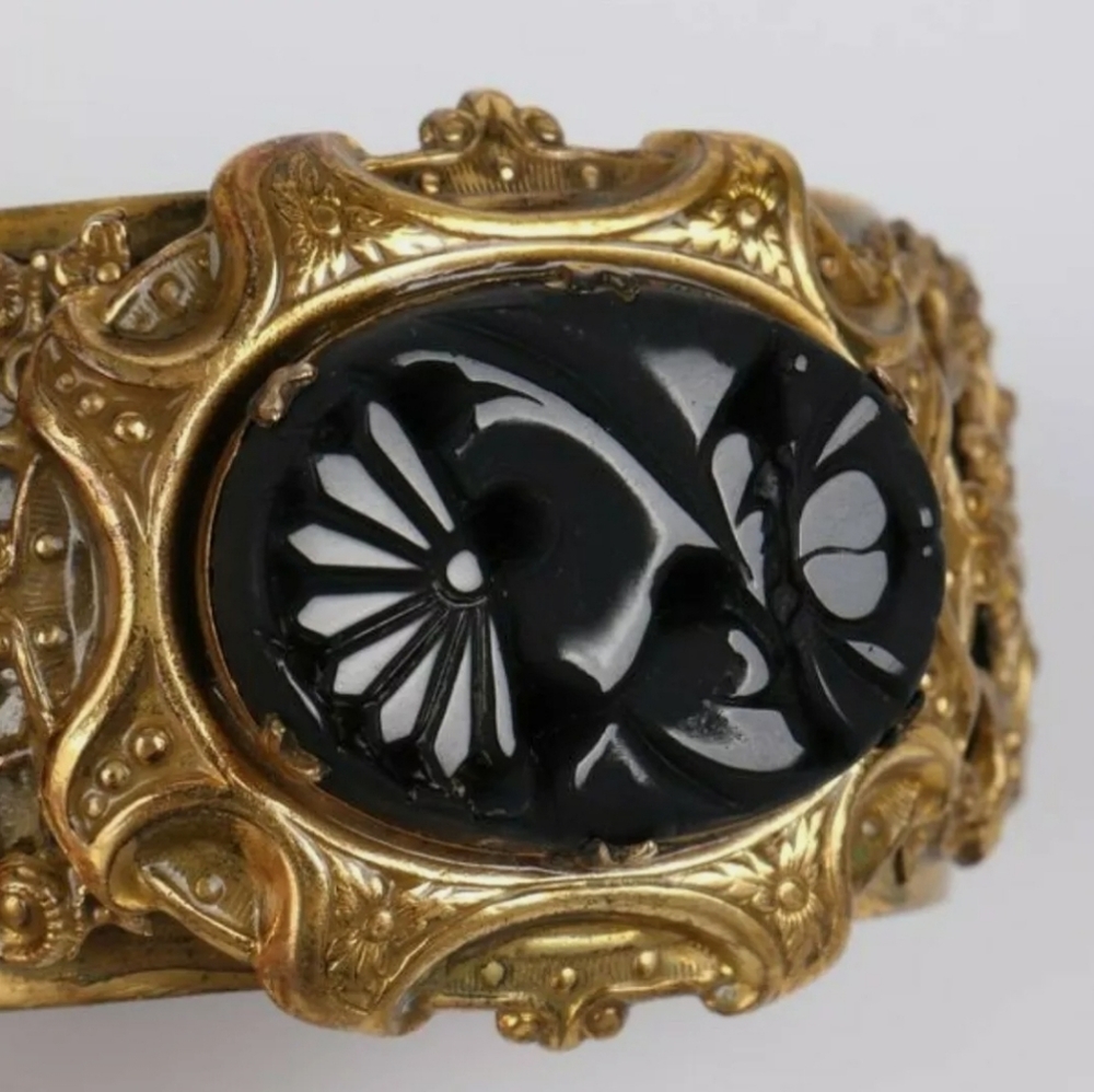 Victorian Revival Cira 1930s Brass Filagree Detail Carved Black Jet - Picture 3 of 12